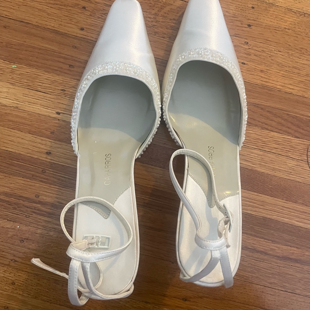 Caparros white jeweled kitten heels